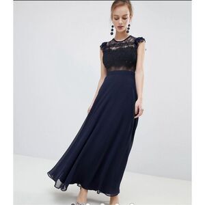ASOS Lace Maxi Dress with Lace Frill Sleeves Navy Blue Size 10